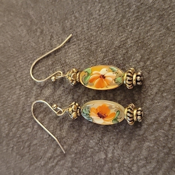 HANDMADE Romantic Handpainted Floral Beaded Dangle Hook Earrings - Picture 2 of 4